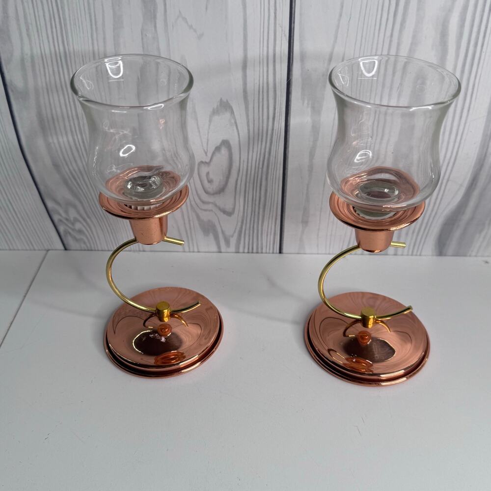 Vintage MCM Copper Candle Holders Pair Coppercraft Curve Pillar/Votive 1970s USA